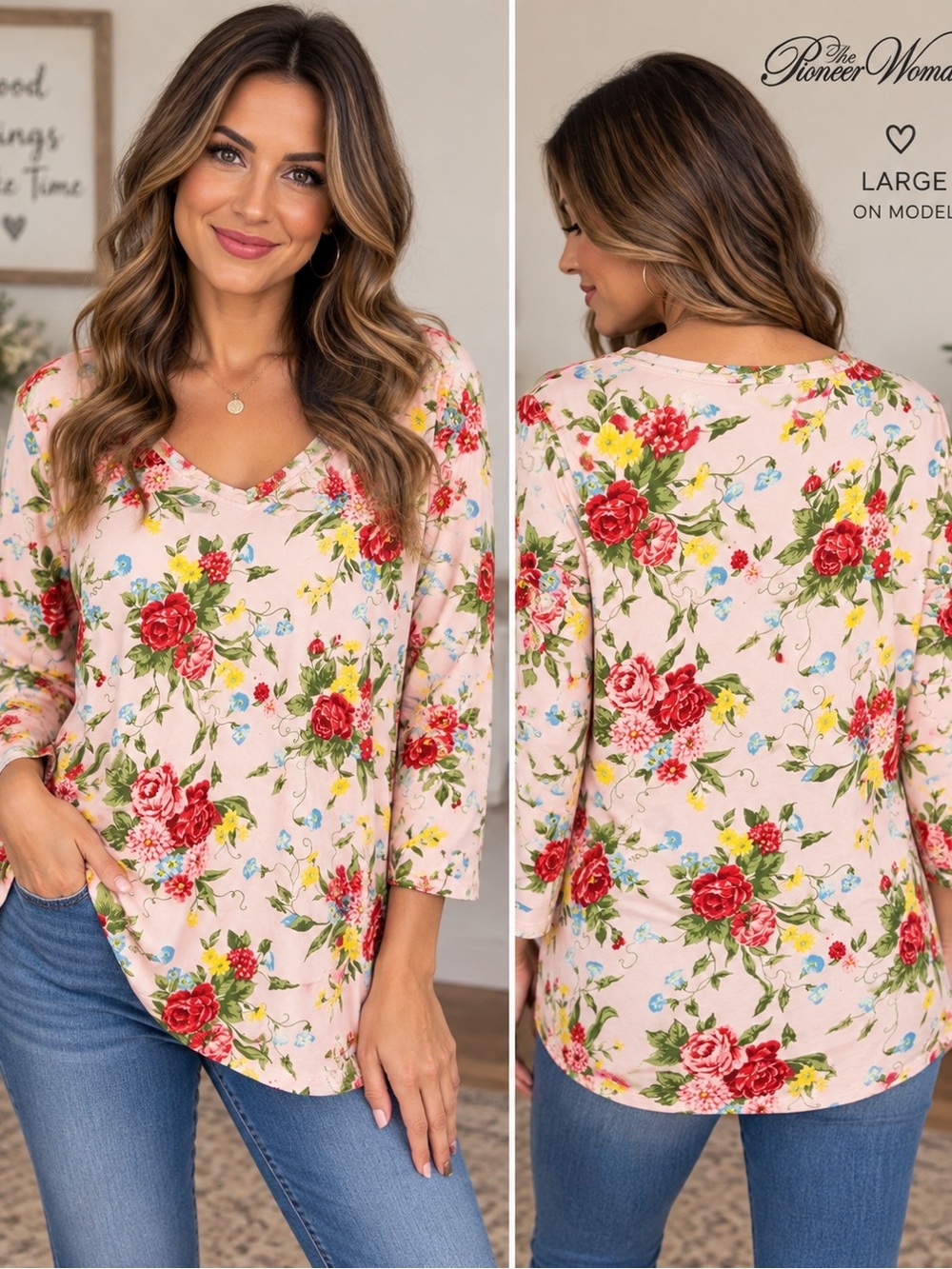 The Pioneer Woman Pink Floral V-Neck Long Sleeve Top with Red Roses